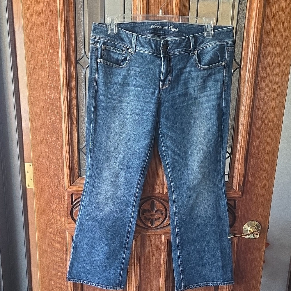 American Eagle Outfitters Women's Dark Blue Slim Boot Cut Jeans. Size 14Short